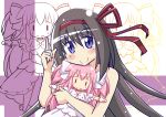  akemi_homura black_hair doll goddess_madoka holding long_hair mahou_shoujo_madoka_magica naruse_mahi pointing pointing_up purple_eyes ribbon stuffed_animal stuffed_toy ultimate_madoka violet_eyes ||_|| 