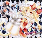  animal_ears argyle argyle_background ascot ayuayu bare_shoulders bell blonde_hair cat_ears cat_tail flandre_scarlet hat kemonomimi_mode long_hair marker_(medium) navel panties paw_pose red_eyes sample side_ponytail solo striped striped_legwear striped_panties tail thigh-highs thighhighs touhou traditional_media underwear wings wrist_cuffs 
