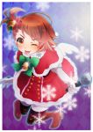  81_(mellowry) :p bell boots brown_eyes brown_hair christmas earrings futami_ami gloves hair_ornament idolmaster jewelry jingle_bell kikuchi_makoto looking_at_viewer microphone santa_costume short_hair side_ponytail smile snowflakes solo thigh-highs thighhighs tongue tongue_out wings wink 