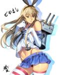  1girl anchor bangs black_panties blonde_hair blue_skirt elbow_gloves female gloves hair_ornament hairband hand_on_own_chest homare_(fool&#039;s_art) kantai_collection long_hair looking_at_viewer microskirt miniskirt navel panties personification pleated_skirt rensouhou-chan shimakaze_(kantai_collection) skirt sleeveless solo striped striped_legwear striped_thighhighs thigh-highs thighhighs underwear white_gloves 