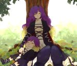  age_difference child closed_eyes dress drooling eyes_closed gradient_hair grass hijiri_byakuren leaf leaf_on_head long_hair multicolored_hair open_mouth short_hair sleeping sutenuko time_paradox touhou tree 