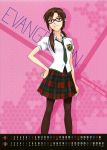  absurdres aqua_eyes brown_hair calendar glasses hairband hand_on_hip highres makinami_mari_illustrious necktie neon_genesis_evangelion pantyhose rebuild_of_evangelion red-framed_glasses school_uniform skirt smile solo twintails 