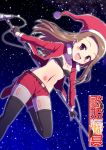  arms_behind_back black_legwear blush bra brown_eyes brown_hair christmas elbow_gloves fingerless_gloves gloves hat idolmaster long_hair microphone microphone_stand midriff minase_iori navel night night_sky ookami_maito open_clothes open_jacket open_mouth santa_costume santa_hat skirt sky smile solo star thigh-highs thighhighs underwear 