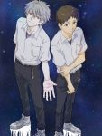  blue_eyes brown_hair evangelion:_3.0_you_can_(not)_redo grey_hair ikari_shinji multiple_boys nagisa_kaworu neon_genesis_evangelion outstretched_hand rebuild_of_evangelion red_eyes smile star_(sky) tegaki 