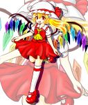  blonde_hair bow curtsey flandre_scarlet hat hat_bow highres kneehighs open_mouth rebamiruku red_eyes red_shoes shoes side_ponytail skirt skirt_set solo touhou wings zoom_layer 