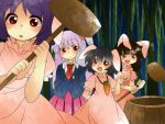  animal_ears black_hair blush bunny_ears hammer_(sunset_beach) inaba_tewi mallet moon_rabbit multiple_girls necktie open_mouth purple_hair rabbit_ears red_eyes reisen_udongein_inaba skirt smile touhou 