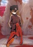  animal_hat badge blood blue_eyes brown_hair cat_hat evangelion:_3.0_you_can_(not)_redo eyepatch hands_in_pockets hat highres long_hair looking_at_viewer neon_genesis_evangelion plugsuit rebuild_of_evangelion shikinami_asuka_langley sitting solo soryu_asuka_langley souryuu_asuka_langley tokiti track_jacket 