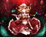  ascot blonde_hair cage dress flandre_scarlet hat hat_ribbon open_mouth raito47 red_eyes ribbon short_hair side_ponytail solo thigh-highs thighhighs touhou wings wrist_cuffs 