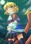  arm_warmers black_legwear blonde_hair blush detached_sleeves full_moon fun_bo green_eyes mizuhashi_parsee moon night no_nose pointy_ears short_hair skirt sky solo standing thigh-highs thighhighs touhou 