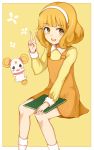  blonde_hair blush candy_(smile_precure!) dress hairband kise_yayoi open_mouth precure purea short_hair sitting sketchbook smile smile_precure! solo v yellow_eyes 