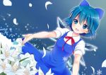  :d blue_eyes blue_hair blush bow cirno dress flower hair_bow ice ice_wings nekosugiayana open_mouth petals ribbon short_hair smile snowflakes solo touhou wings 