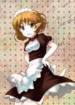  1girl alternate_costume apron blonde_hair brown_dress dress english green_eyes hands_on_hips highres ikamagu looking_at_viewer maid maid_headdress mizuhashi_parsee pointy_ears solo touhou waist_apron 