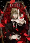  barnaby_brooks_jr blonde_hair coffin flower foreshortening glasses glasses_removed green_eyes mochinu necktie outstretched_hand petals red_rose rose solo tiger_&amp;_bunny 
