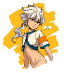  1boy adapted_costume armband bottomless hakuryuu_(inazuma_eleven) inazuma_eleven_(series) inazuma_eleven_go male multicolored_hair nemutai soccer_uniform solo two-tone_hair unlimited_shining white_background 
