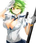  absurdres between_breasts blush breasts cleavage eyepatch gloves green_hair haik hair_over_one_eye highres impossible_clothes large_breasts looking_at_viewer necktie open_clothes open_shirt otonashi_kiruko police police_uniform salute shinmai_fukei_kiruko-san short_hair simple_background skirt solo tonfa uniform weapon yellow_eyes 