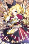  :o armor blonde_hair blue_eyes bow breastplate chain chains cherrypin dress dual_wielding hair_bow knife long_hair looking_at_viewer original pointy_ears solo soukoku_no_regalia vertical_stripes watermark 