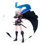  armor arrow belt boots cape fingerless_gloves gloves knee_boots libert original pauldrons pointy_ears purple_eyes quiver scabbard scarf sheath short_hair short_sword shorts silver_hair solo standing sword vambraces violet_eyes weapon 