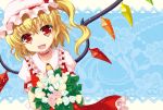  ascot blonde_hair blue_background bouquet choker fangs flandre_scarlet floral_background flower hat katagiri_chisato open_mouth red_eyes ribbon_choker short_hair side_ponytail skirt smile solo touhou wings 
