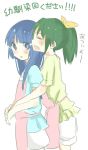  aoki_reika blue_eyes blue_hair blush closed_eyes eyes_closed green_hair gumichoco hug hug_from_behind long_hair midorikawa_nao multiple_girls open_mouth precure simple_background smile_precure! translation_request 