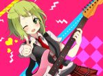  aoba_mina green_eyes green_hair guitar gumi heart instrument looking_at_viewer short_hair skirt smile solo vocaloid wink 
