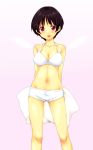  alternate_costume black_hair blush bra breasts chuunibyou_demo_koi_ga_shitai! cleavage highres itou_ayachi mini_wings mole mole_on_breast navel open_mouth pillow purple_eyes short_hair short_shorts shorts simple_background smile solo tsuyuri_kumin underwear violet_eyes white_bra 