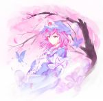  arm_ribbon blue_dress butterfly cherry_blossoms dress f_kz ghost hands_on_own_chest hat pink_eyes pink_hair revision saigyouji_yuyuko short_hair solo touhou tree wide_sleeves 
