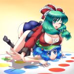  absurdres between_breasts black_legwear blue_eyes blue_hair blush breast_rest breasts cleavage front_ponytail gradient gradient_background green_eyes green_hair hair_ribbon hat highres jacket kagiyama_hina kawashiro_nitori large_breasts long_hair long_sleeves multiple_girls open_mouth playing_games raionsan ribbon school_swimsuit scrunchie short_hair swimsuit swimsuit_under_clothes swimsuit thigh-highs thighhighs touhou twintails twister wink zipper 