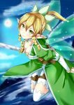  blonde_hair blush breasts collarbone flying full_moon green_eyes holding leafa long_hair moon ok-ray pointy_ears ponytail smile solo sword sword_art_online thigh-highs thighhighs weapon white_legwear wings 