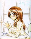  blush brown_eyes brown_hair long_hair looking_at_viewer masana_hatuse minna-dietlinde_wilcke shikishi smile solo strike_witches traditional_media 