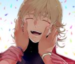  ^_^ barnaby_brooks_jr birthday bracelet brown_eyes closed_eyes confetti eyes_closed hands_on_another&#039;s_face hands_on_another's_face jewelry kaburagi_t_kotetsu laughing tiger_&amp;_bunny trocco 