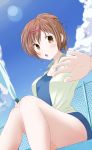  brown_eyes brown_hair chuunibyou_demo_koi_ga_shitai! fence hair_ornament hair_up hairclip hose looking_at_viewer nibutani_shinka one-piece_swimsuit open_mouth outstretched_hand peanuts_(ennuim) pool school_swimsuit sitting solo swimsuit water wet 