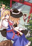  alice_margatroid annoyed black_hair blonde_hair blue_eyes book bow broom broom_riding capelet detached_sleeves dress from_behind hair_bow hairband hakurei_reimu hat hat_bow jewelry kirisame_marisa long_hair multiple_girls ring sash shanghai_doll short_hair sidesaddle sindre smile torii touhou witch_hat 