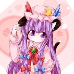  animal_ears bow brooch capelet cat_ears cat_tail coat crescent dress ear_pull hair_ribbon hat heart izumi_yuuji_(trace_kouhosei) jewelry kemonomimi_mode long_hair long_sleeves looking_at_viewer patchouli_knowledge pink_dress purple_eyes purple_hair ribbon smile solo tail touhou violet_eyes 