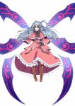  1girl boots bow capelet cross-laced_footwear dress hair_bobbles hair_ornament knee_boots kuronuko_neero lace-up_boots long_hair long_sleeves looking_at_viewer multiple_wings one_side_up open_mouth purple_eyes red_dress red_eyes ribbon shinki silver_hair solo touhou violet_eyes wide_sleeves wings 