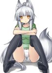  :o animal_ears bangs black_legwear blunt_bangs collarbone crossed_arms fox_ears fox_tail long_hair looking_at_viewer no_pants orange_eyes original panties sidelocks silver_hair sitting solo t-shirt tail thigh-highs thighhighs tsukumiya_amane underwear very_long_hair white_background white_panties 