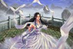  black_eyes black_hair cloud clouds collarbone dress foreshortening lips mountain return_of_the_condor_heroes sash sky solo whisperingsoul xiao_long_nu 