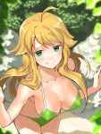  ahoge bikini blonde_hair breasts from_above green_bikini green_eyes green_swimsuit hoshii_miki idolmaster jyon large_breasts nature plant solo swimsuit 