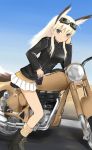  animal_ears blonde_hair goggles goggles_on_head green_eyes hanna-justina_marseille long_hair long_sleeves military military_uniform motor_vehicle motorcycle rasielcochma skirt solo strike_witches uniform vehicle 