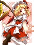  :d blonde_hair blush fang flandre_scarlet hat hat_ribbon leg_up looking_at_viewer mount_whip open_mouth outstretched_arms red_eyes ribbon side_ponytail smile solo thigh-highs thighhighs touhou white_legwear wings 