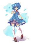  agsen artist_request bloomers blue_eyes blue_hair bow cirno colored dress dress_lift hair_bow looking_at_viewer short_hair smile solo thigh-highs thighhighs touhou 