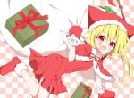  adapted_costume alternate_costume bag blonde_hair blush box capelet checkered checkered_background dress fang flandre_scarlet gift gift_box gloves hat hat_with_ears open_mouth red_dress red_eyes red_gloves red_shoes santa_costume shoes smile solo touhou wings yuki_miya 