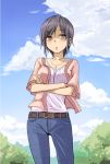  blush breasts crossed_arms jeans original pants short_hair sky solo yoropa 