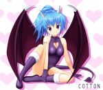  beyblade blue_hair boots breasts cleavage cleavage_cutout demon_girl demon_tail fang female gloves heart heart_cutout looking_at_viewer muhi_shogun purple_eyes smile solo tail violet_eyes wings 