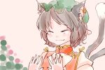  animal_ears bow brown_hair cat_ears cat_tail chen closed_eyes comic dress flower komaku_juushoku multiple_tails red_dress short_hair silent_comic smile solo tail touhou 