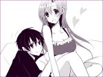  1girl asuna_(sao) couple heart kirito long_hair monochrome pillow short_hair sleepwear sword_art_online toujirou 