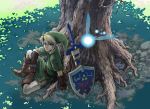  blonde_hair blue_eyes earrings fairy gloves hat jewelry link master_sword navi nintendo ocarina_of_time pointy_ears revision shield sword the_legend_of_zelda triforce weapon 