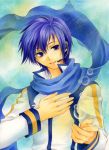  blue_eyes blue_hair bubble kaito marker_(medium) scarf short_hair smile solo traditional_media vocaloid yukaxcat 