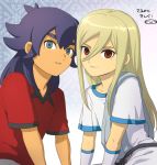  2boys afuro_terumi crossover inazuma_eleven inazuma_eleven_(series) inazuma_eleven_go kidokawa_seishuu kishibe_taiga long_hair looking_at_viewer male mizuhara_aki multiple_boys purple_hair soccer_uniform time_paradox young zeus_(inazuma_eleven) 