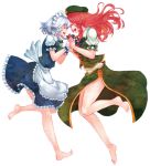  2girls :d ^_^ apron barefoot blush braid brown_hair china_dress chinese_clothes closed_eyes eyes_closed hand_holding happy hat highres holding_hands hong_meiling izayoi_sakuya leg_up long_hair maid maid_headdress multiple_girls open_mouth red_hair redhead short_hair silver_hair simple_background skirt smile star terajin touhou twin_braids waist_apron white_background wrist_cuffs 