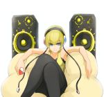  bare_shoulders black_legwear blonde_hair blue_eyes crossed_legs headphones jonasan kamitsure_(pokemon) legs_crossed pantyhose poke_ball pokemon pokemon_(game) pokemon_bw sitting smile solo speaker 